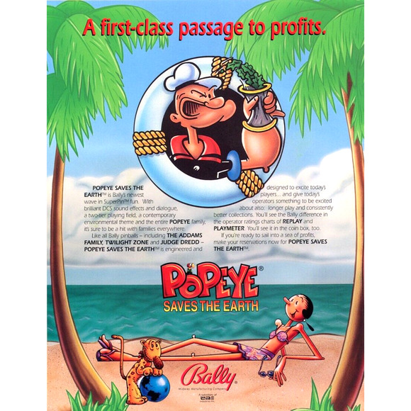Popeye Saves The Earth Pinball FLYER Original Game 1994 Sailor Man Comic Artwork - Picture 2 of 3